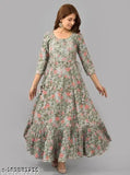 Cotton embroidered Anarkali kurta in flowers print for women, three-quarter sleeves, India