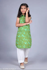 White cotton printed Misbis kurta and pyjama set for girls - Tiranga pattern, calf length, sleeveless, ready-to-wear, Indian occasion wear