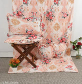 Luxmi cotton bedsheets & cushions: 5pc set (1 king size + 2 frill pillow covers + 2 heart-shaped cushions), multicolor botanical design