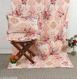 Luxmi cotton bedsheets & cushions: 5pc set (1 king size + 2 frill pillow covers + 2 heart-shaped cushions), multicolor botanical design