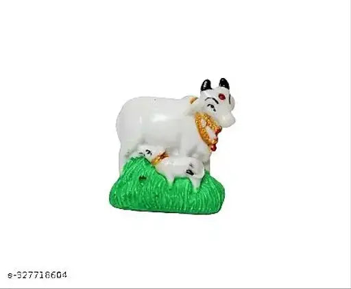 Designer marble dust Polyresin cow figurine with stone studs, Indian spiritual decor for home and temple