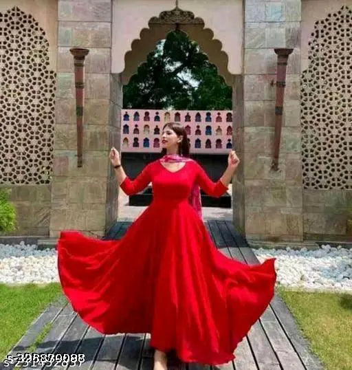 Red Rayon Anarkali Duppatta Set - Solid, versatile long kurti with matching dupatta for work, party, festive, or casual wear