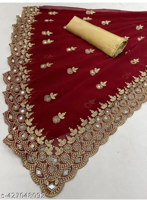 Embroidered Georgette Cutwork Mirror Saree with Separate Dupion Silk Blouse, Indian fancy mirror work