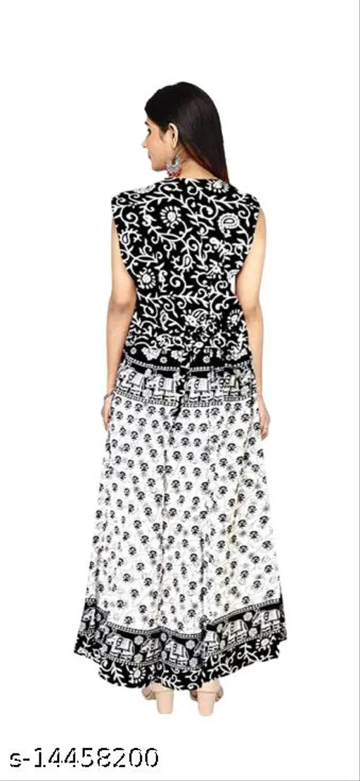 Black and white Jaipuri printed maxi dress, pure cotton for women. Traditional festival-ready attire." (106 characters)