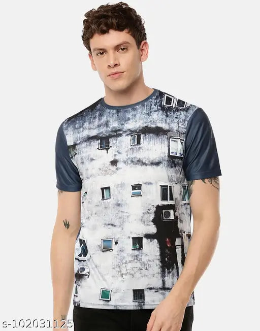 Black and Blue Printed Men's T-shirt, polyester, short sleeves, printed net design - casual fashion for men, origin India