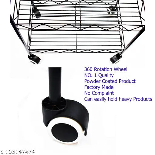 Black heavy-duty iron rack with 360 wheels, offers spacious storage for kitchen appliances and utensils