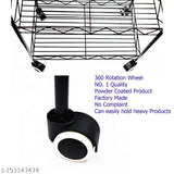 Black heavy-duty iron rack with 360 wheels, offers spacious storage for kitchen appliances and utensils