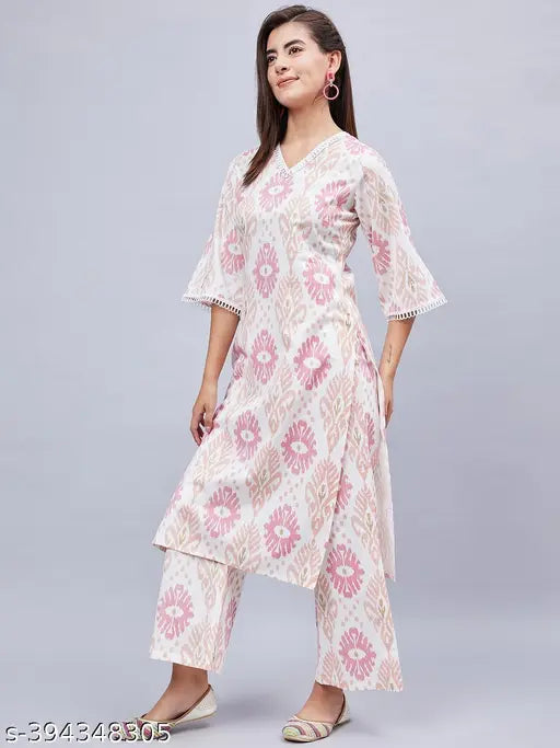 WineRed Woman White Geometric Print Neck Lace Detailing Kurta Set with Palazzos - Indian cotton kurta set featuring three-quarter sleeves, perfect for parties or get-togethers