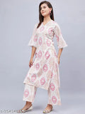 WineRed Woman White Geometric Print Neck Lace Detailing Kurta Set with Palazzos - Indian cotton kurta set featuring three-quarter sleeves, perfect for parties or get-togethers