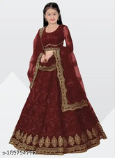 Embroidered semi-stitched Lehenga Choli, heavy net material in free size. Stunning traditional Indian attire for young girls aged 9-14 years. Pair with heels or flats and matching jewelry for a complete look