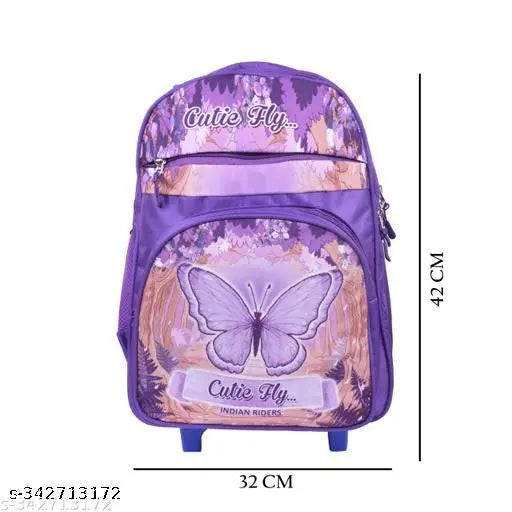Purple waterproof polyester net Indian Riders Cutie Butterfly school trolley bag (18 inches, 25L), durable and spacious with adjustable straps