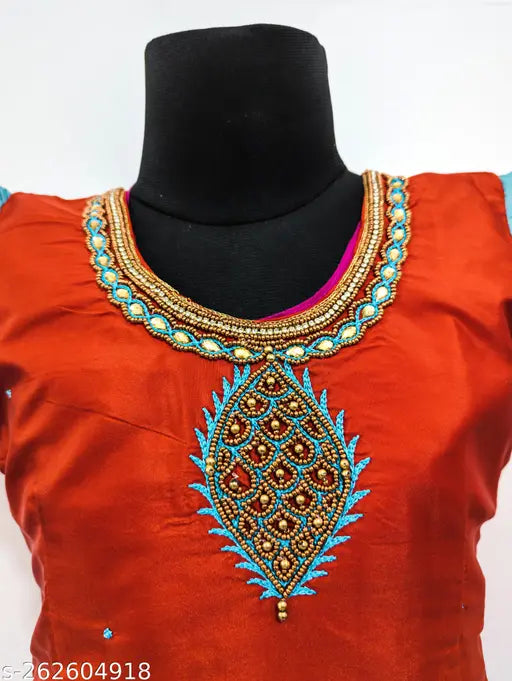 Silk Lehenga Choli for Kids: Traditional Kanchipuram pattu pavadai with Aari Work, short sleeves, 100% pure silk, Indian origin