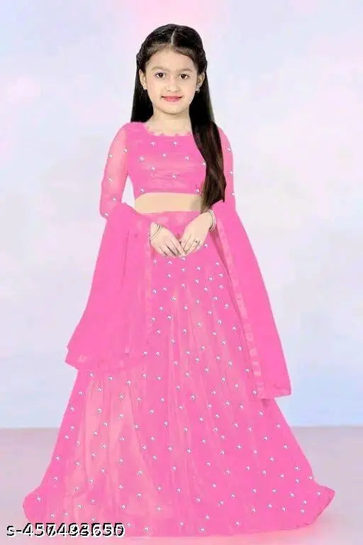 Embellished net lehenga choli for girls, semi-stitched with long sleeves, available in various sizes from 3-15 years, Indian traditional attire for kids