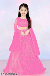 Embellished net lehenga choli for girls, semi-stitched with long sleeves, available in various sizes from 3-15 years, Indian traditional attire for kids