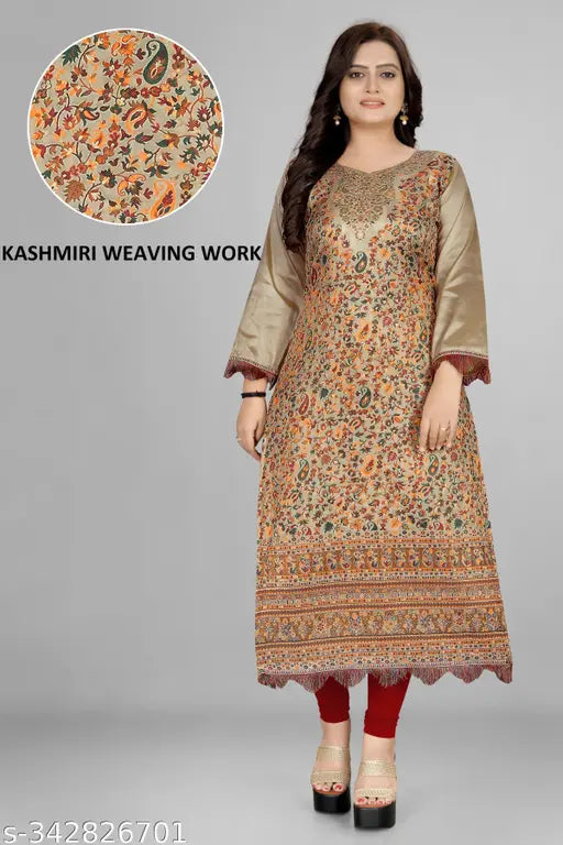 Pashmina silk, plus-size Kashmiri jacquard kurti for girls & women, daily/office wear, three-quarter sleeves, XXL (bust 44in, length 48in), India origin