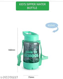 Green plastic school water bottle for kids, 450ML with straw and belt, perfect for picnics and school use