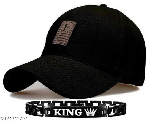 Adjustable cotton King Bracelete+ cap for men and boys, India-made baseball cap with net print design (2pcs)