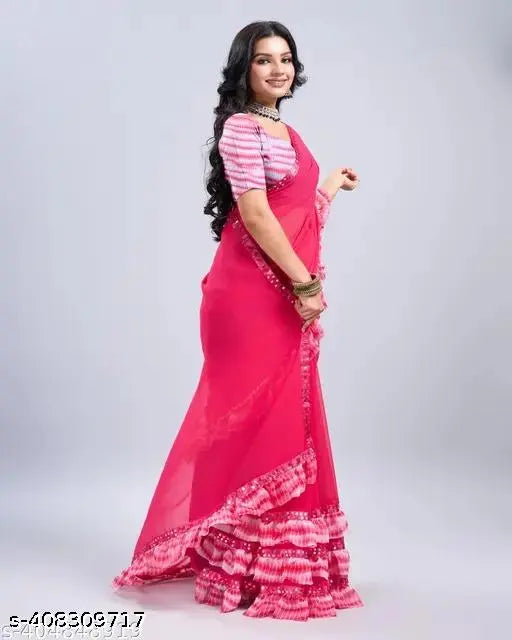 Georgette frills design saree with embroidered net unstitched blouse piece, free size, India origin
