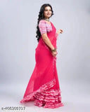 Georgette frills design saree with embroidered net unstitched blouse piece, free size, India origin