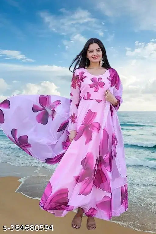 Modern Floral Pink Georgette Gown - Indian party wear, wedding dress, long sleeves, high quality fabric