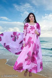 Modern Floral Pink Georgette Gown - Indian party wear, wedding dress, long sleeves, high quality fabric
