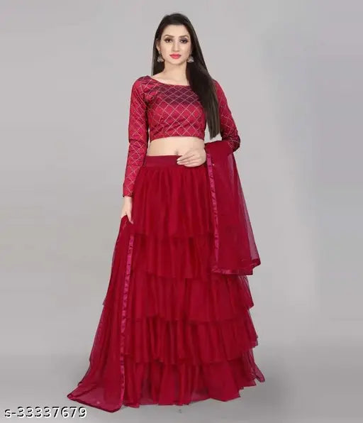 Attractive net lehenga set by Myra, embroidered choli & ruffled lace dupatta, free size (waist 45in, length 45in, dupatta 2m)