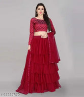Attractive net lehenga set by Myra, embroidered choli & ruffled lace dupatta, free size (waist 45in, length 45in, dupatta 2m)