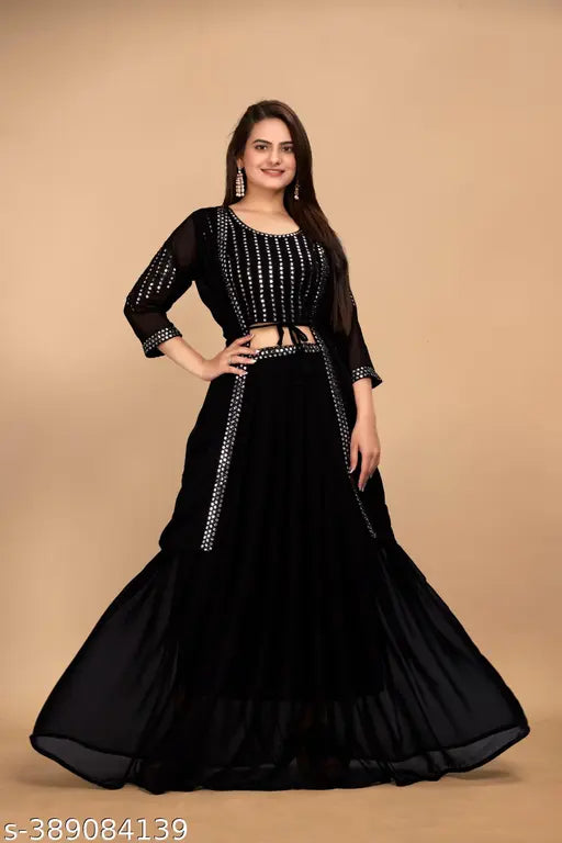 Black women's fancy Indo-Western set in georgette with shrug, perfect for any occasion
