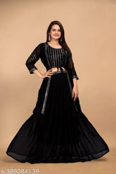Black women's fancy Indo-Western set in georgette with shrug, perfect for any occasion