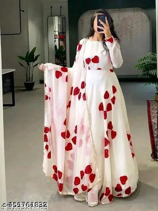 Georgette printed anarkali gown full ghera with guppet lace border, long sleeves, India-origin fashion
