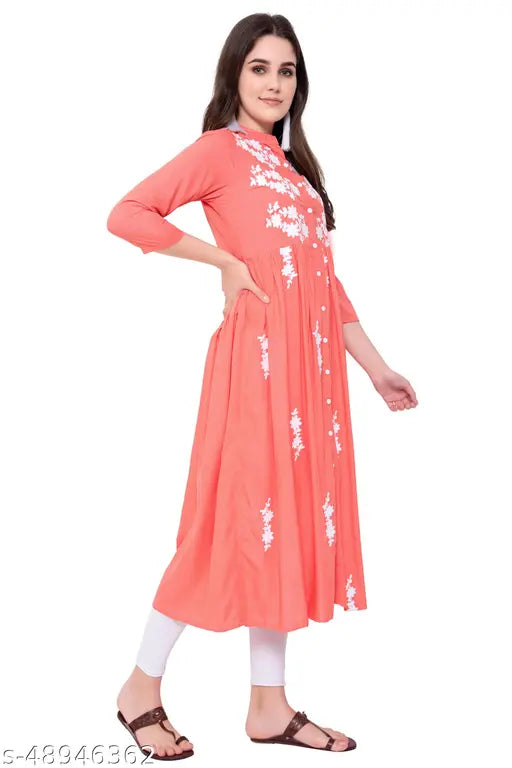Embroidered Rayon Kurta, high quality, three-quarter sleeves, vibrant Indian embroidery on rayon fabric