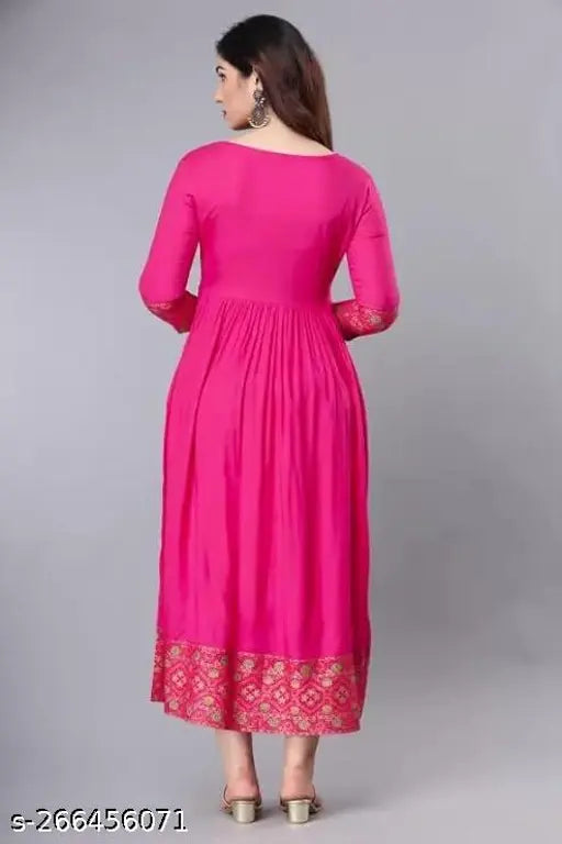 Rayon printed Anarkali kurti for women, pink and gold border, three-quarter sleeves, calf length, casual wear