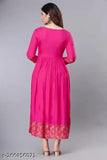 Rayon printed Anarkali kurti for women, pink and gold border, three-quarter sleeves, calf length, casual wear