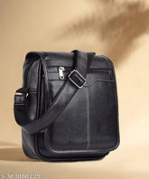 Black synthetic sling bag for men. Freestyle adjustable, ideal for outdoor activities or travel