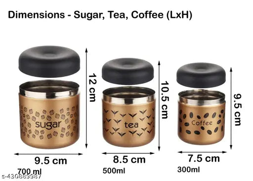 Stainless steel tea, coffee, sugar canister set, matte finish, 700ml, 500ml, 300ml - decorative kitchen canisters with imprinted names, premium materials, easy care and versatile uses