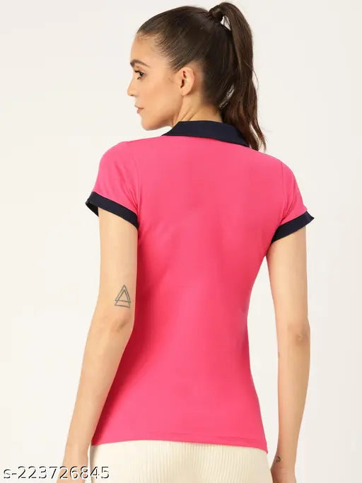 Navy blue cotton blend polo collar t-shirt for women, short sleeves, made in India
