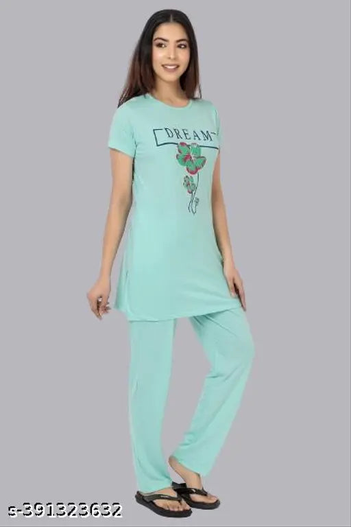 Sea Green Cotton Printed Night Suit for Women, premium quality cotton, round neck design