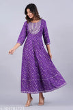 purple leheriya rayon gown with embroidery, three-quarter sleeves, party wear for women and girls