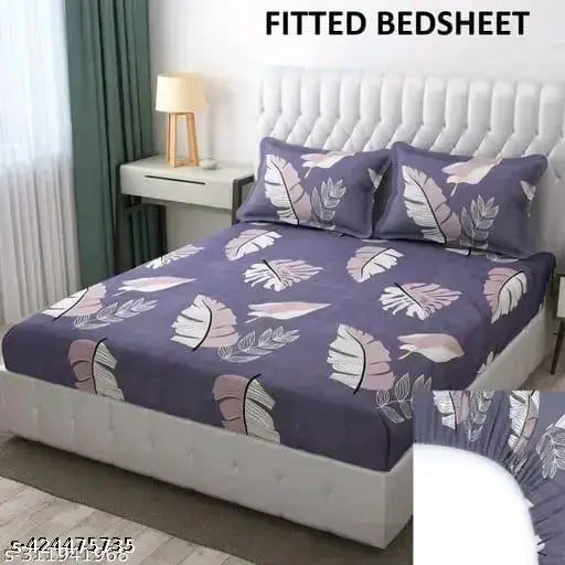 Trending Design Glace Cotton Botanical Double Bedsheet with Elastic Fit & 2 Pillow Covers, ideal for summer use on mattresses 4-7 inches high. Full elastic trim ensures perfect fit. Machine washable in cold water