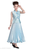 Green satin frocks for girls, printed net design, sleeveless dresses (3-4yrs, 4-5yrs, etc.), Indian origin