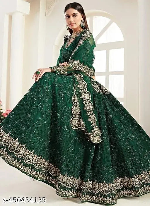 Dark Green Embroidered Lehenga Choli & Dupatta with Heavy Embroidery - Indian designer bridal wear