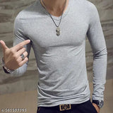 Grey long-sleeve cotton t-shirt, solid pattern, M/38in-XL/42in sizes, Indian-made