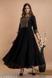 Black/Brown Rayon Anarkali Kurta for Women - Indian ethnic wear with grey pattern, perfect for daily or special occasions