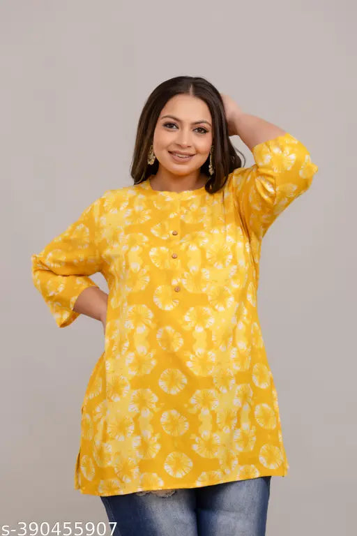 Yellow Rayon Printed Short Kurti, embroidered neck, sleeves, and slit, plus size, XXXL - 9XL, Indian origin