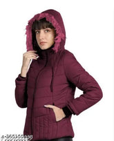 Coral maroon full-sleeve puffer women jacket, nylon, solid pattern, winter wardrobe upgrade