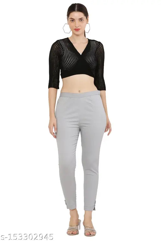 Light Grey Cotton Blend Solid Trouser, Priya Point Women's, half elasticated waistband, India origin