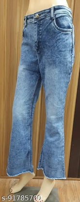 Acid wash blue denim bell bottom jeans, trendy, lightweight, comfortable, fashion-forward, elegant vibe, Indian origin