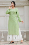 Pista Green Rayon Kurta Set with Sharara Bottom, embroidered net, three-quarter sleeves. Indian traditional clothing for women
