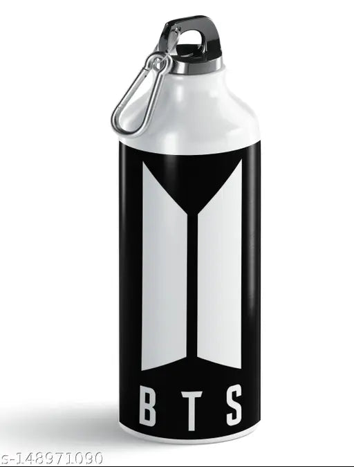 Aluminum HD Printed Leakproof Sipper Bottle 600ml, black, for kids/adults. Portable water bottle with trendy design, ideal for gym, school, office, and gifts. BTS White logo sipper bottle, pack of 2