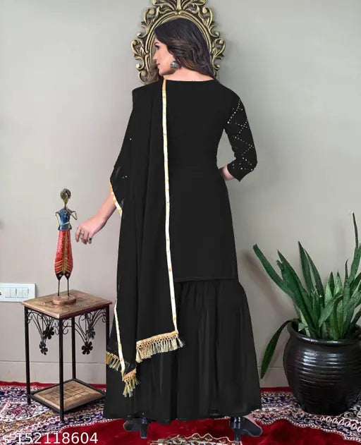 Green Georgette Sharara Dupatta Set, embellished Indian kurta and bottomwear with three-quarter sleeves